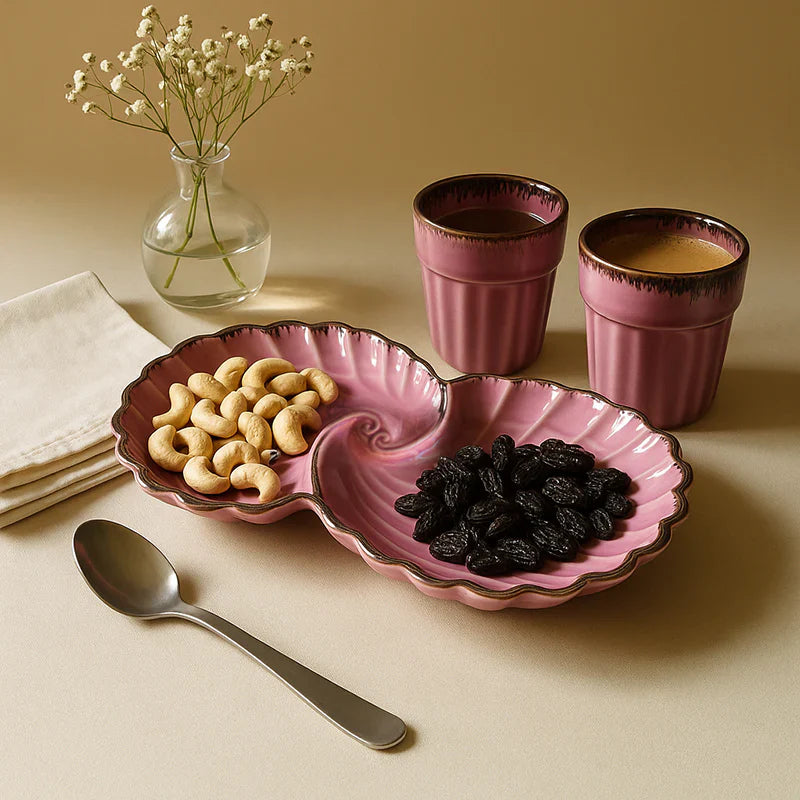 Morwee curated shell Ceramic Platter with Kulhad - Three Piece Set