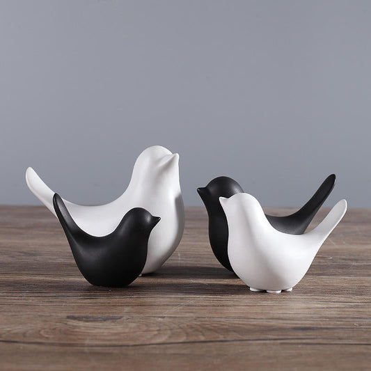Morwee Set of 4 Ceramic Matte Finish Black nd White Decor Birds showpiece for Home Decor