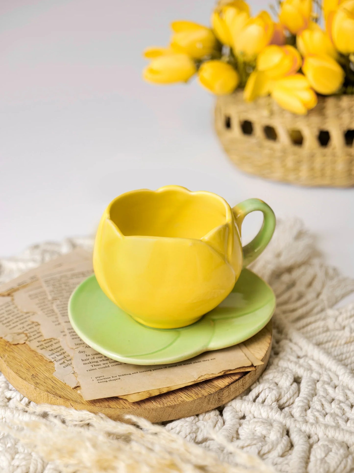 Morwee Tulip Floral green and yellow Mug and Saucer Set
