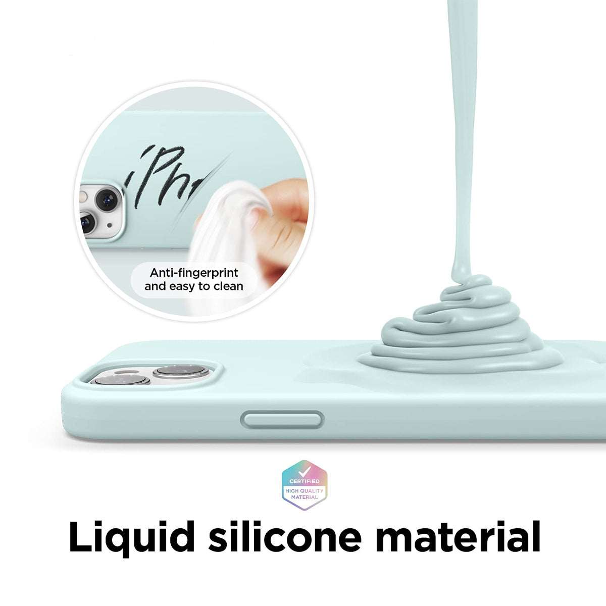 Green iphone liquid silicon case  showing anti-fingerprint and easy-to-clean properties.