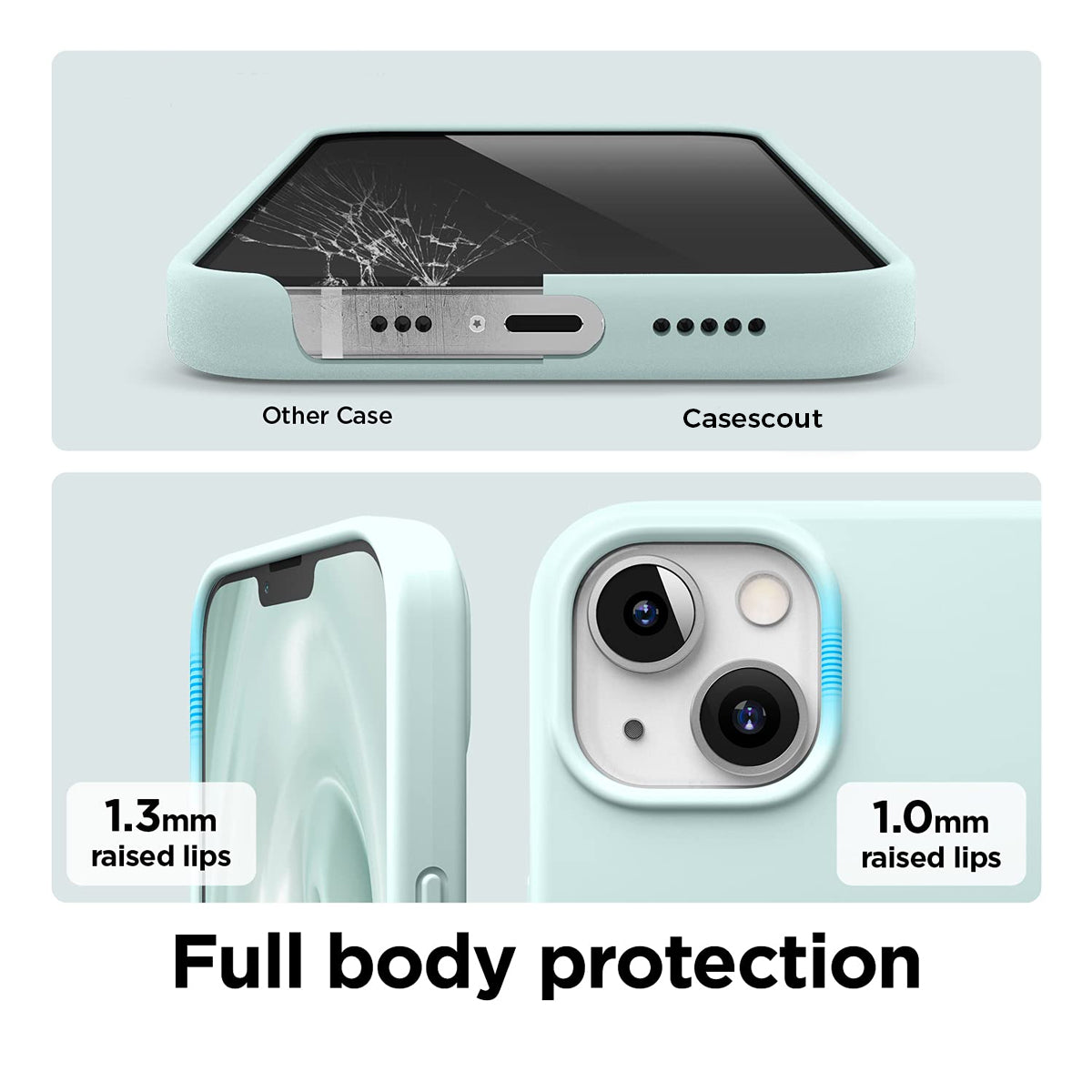 Green iPhone liquid silicon case comparison with 'Other Case' and 'Casescout' on full body protection