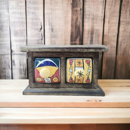 Handmade Wooden and Ceramic 2 Drawers Set of Multi-color Storage Box - Size (WxH): 13 x 13 Inch