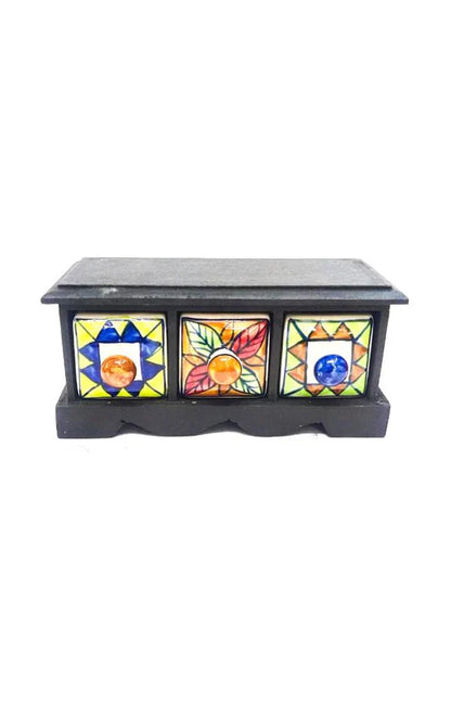 Handmade Wooden and Ceramic 3 Drawers Set of Multi-color Storage Box - Size (WxH): 13 x 13 Inch