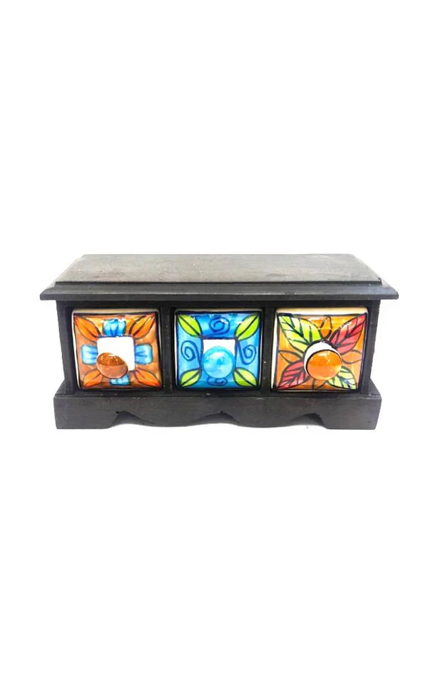 Handmade Wooden and Ceramic 3 Drawers Set of Multi-color Storage Box - Size (WxH): 13 x 13 Inch