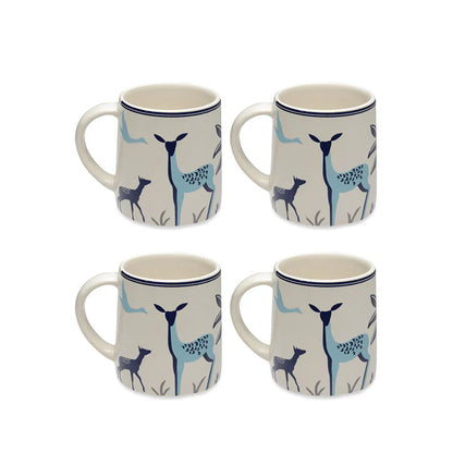 Morwee Set of 4 Blue Tropica Deer Coffee Mugs (300 ML)
