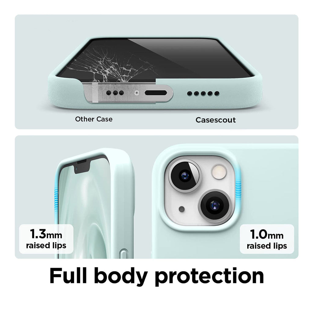 Green iPhone liquid silicon case comparison with 'Other Case' and 'Casescout' on full body protection