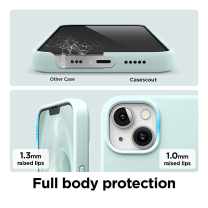 Green iPhone liquid silicon case comparison with 'Other Case' and 'Casescout' on full body protection